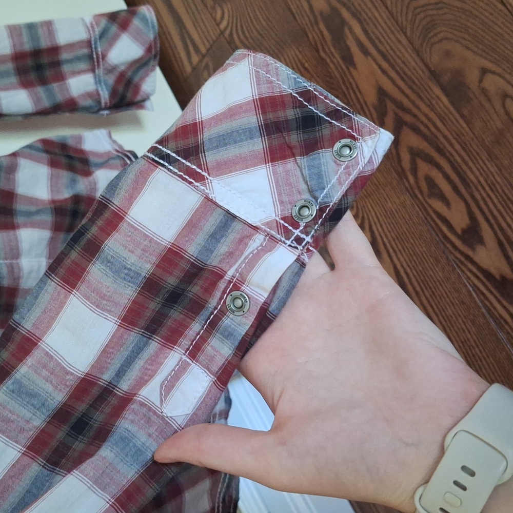 Guess Ladies Red, White And Black Plaid Blouse - Picture 3 of 5